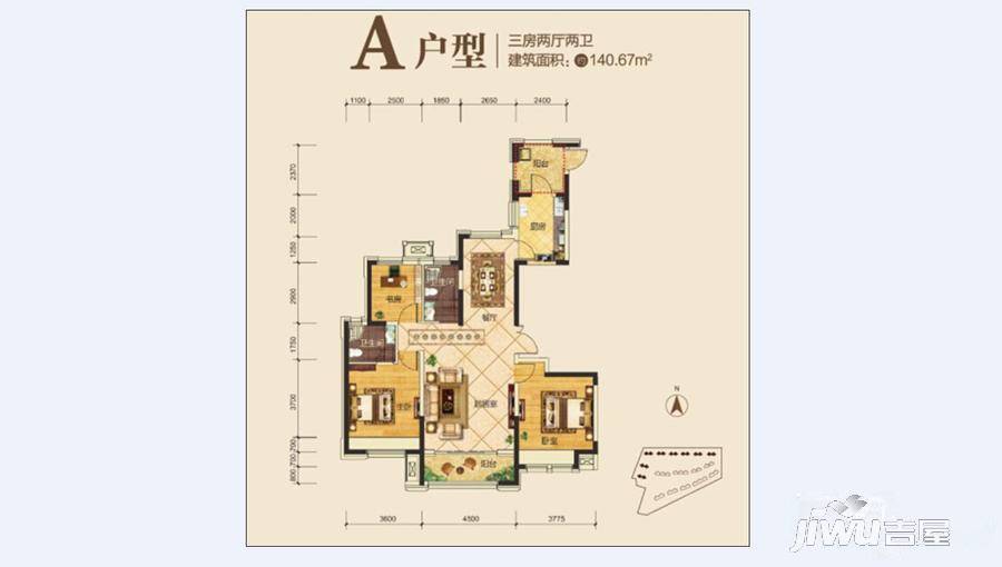 五矿浦江水岸3室2厅2卫140.7㎡户型图