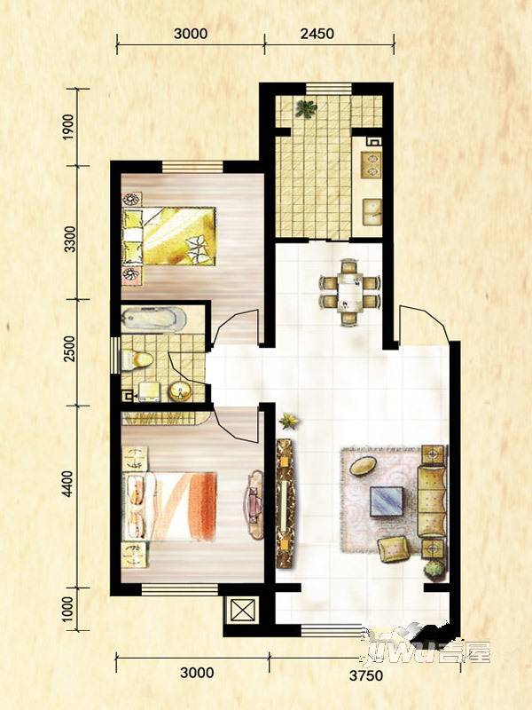 时代庄园2室2厅1卫80㎡户型图
