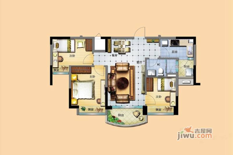 宁德碧桂园3室2厅1卫88㎡户型图