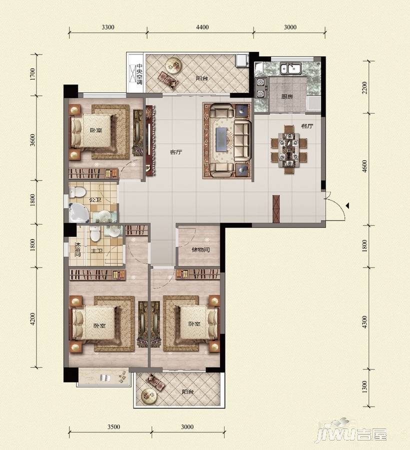 宝信城市广场3室2厅2卫135㎡户型图