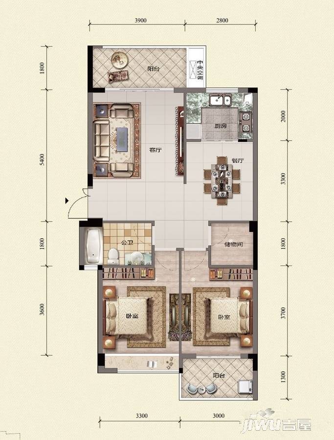 宝信城市广场2室2厅1卫96㎡户型图