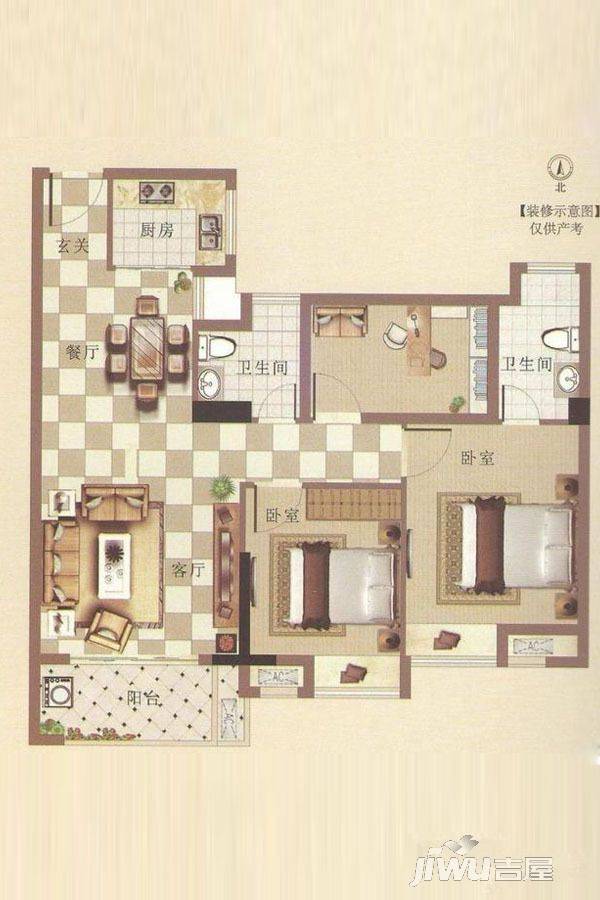 安大名城3室2厅2卫87.2㎡户型图