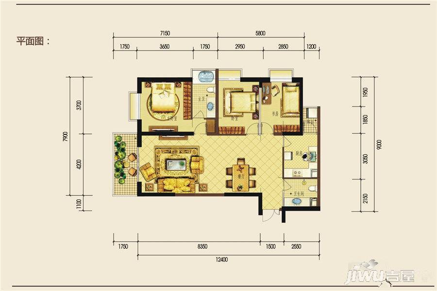 金泰国际3室2厅2卫128.9㎡户型图