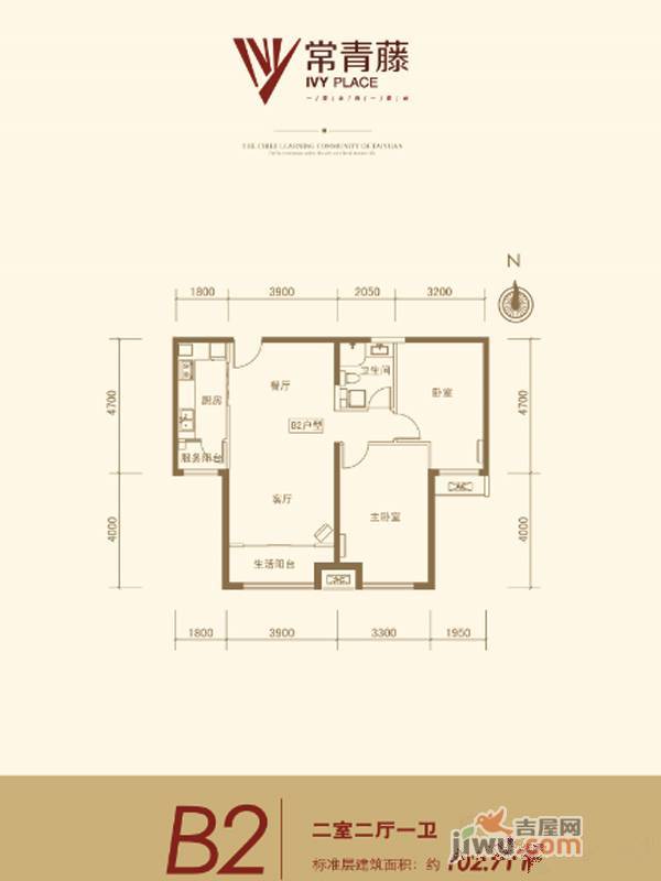 竞杰常青藤2室2厅1卫102.7㎡户型图