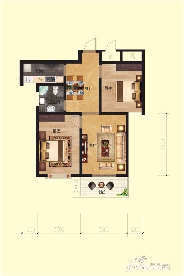 信园2室2厅1卫90.9㎡户型图