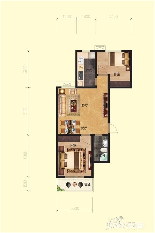 信园2室2厅1卫89.6㎡户型图