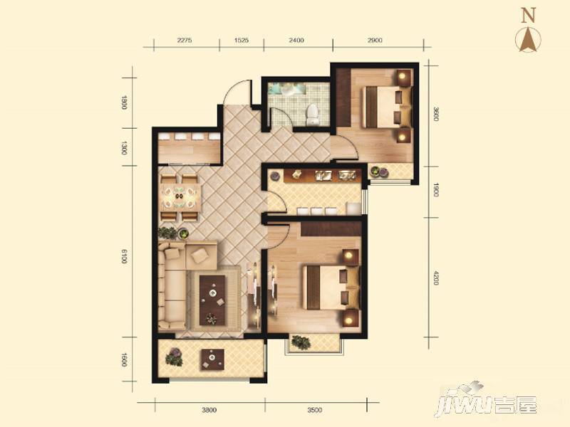 坤泽十里城2室2厅1卫91.5㎡户型图