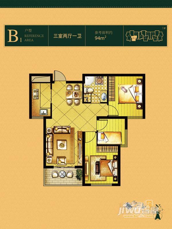 坤泽10里城3室2厅1卫94㎡户型图