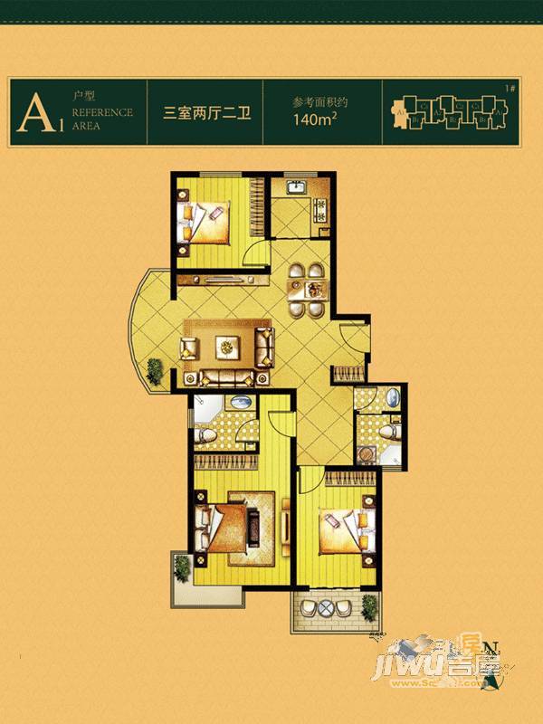 坤泽10里城3室2厅2卫140㎡户型图