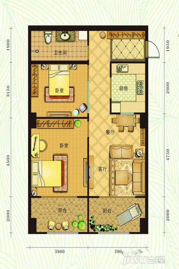 龙湖翡翠2室2厅1卫117㎡户型图