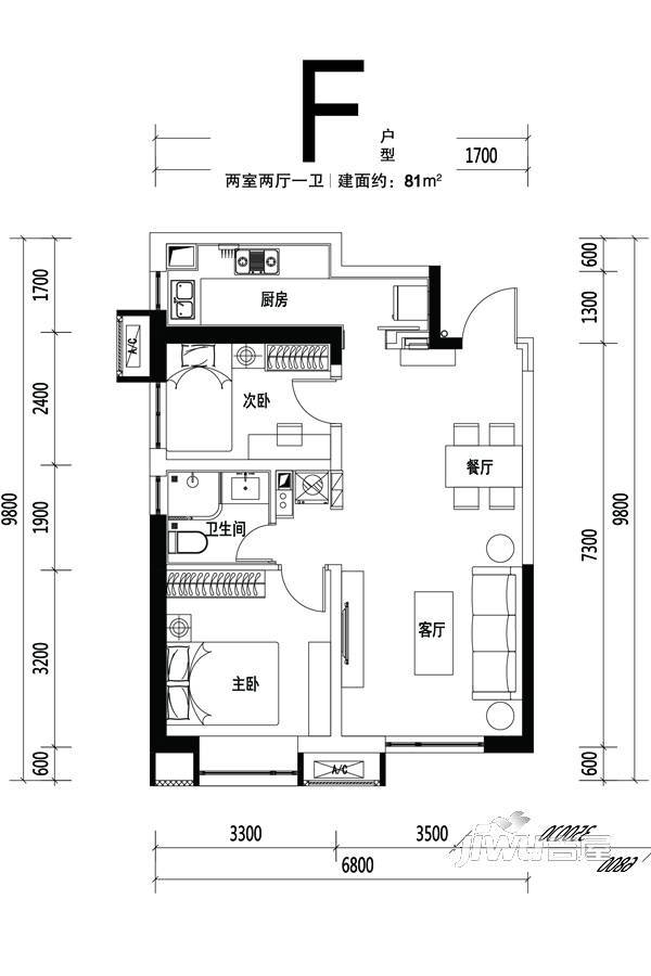 融创长风壹號2室2厅1卫81㎡户型图