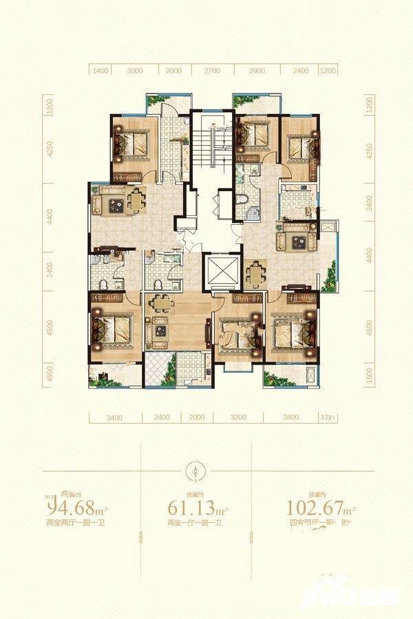 龙城天悦2室2厅1卫94.7㎡户型图