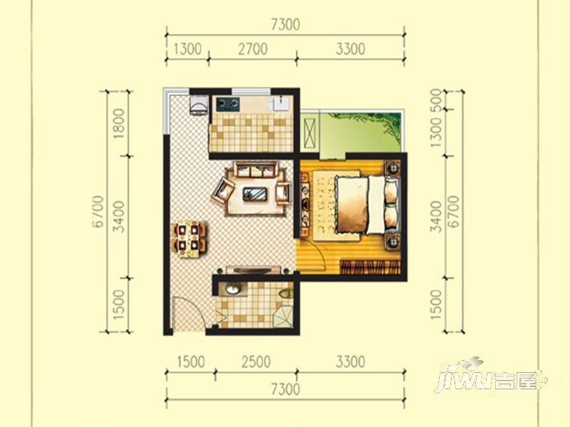 东方雅居1室2厅1卫50.7㎡户型图