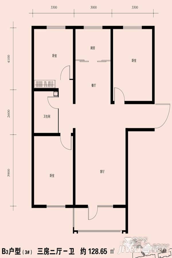 龙城金帝园3室2厅1卫128.7㎡户型图