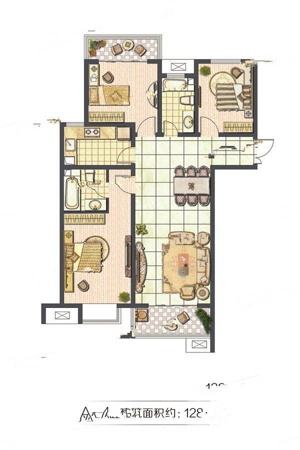 滨河华庭3室2厅2卫128.7㎡户型图