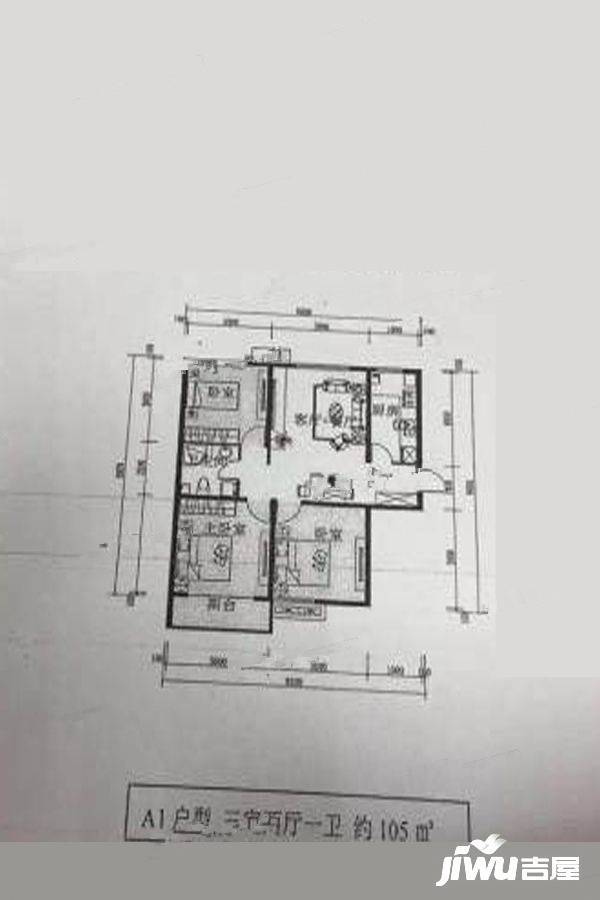 龙瑞苑3室2厅1卫105㎡户型图