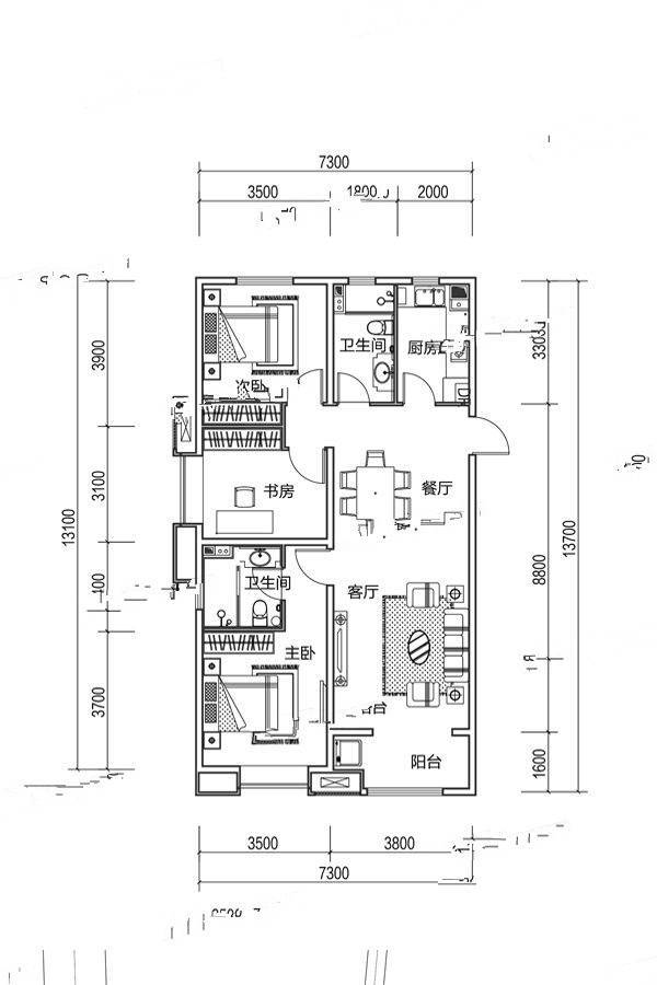 融创外滩公馆3室2厅2卫130㎡户型图