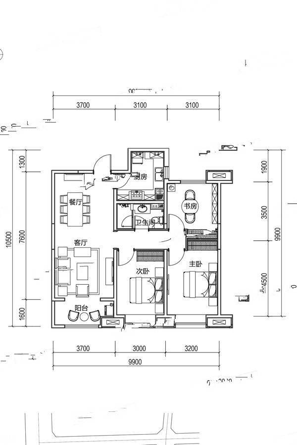 融创外滩公馆3室2厅1卫115㎡户型图