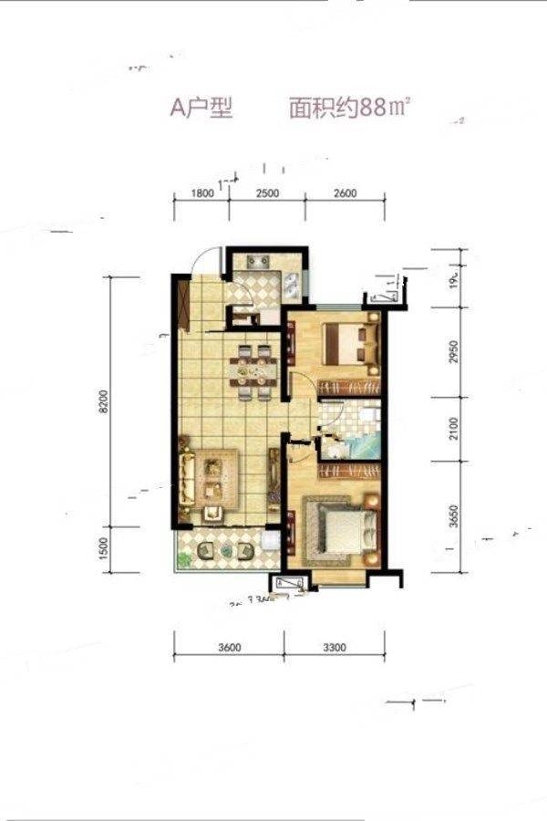 晋建迎曦园2室2厅1卫88㎡户型图