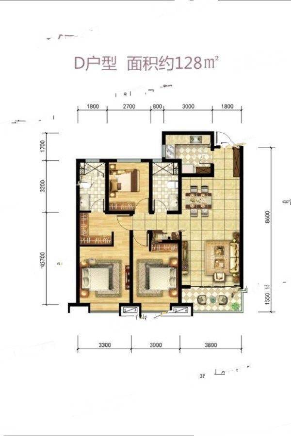 晋建迎曦园3室2厅2卫128㎡户型图