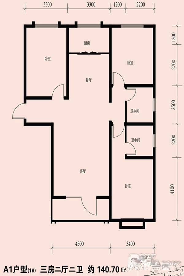 龙城金帝园3室2厅2卫140.7㎡户型图