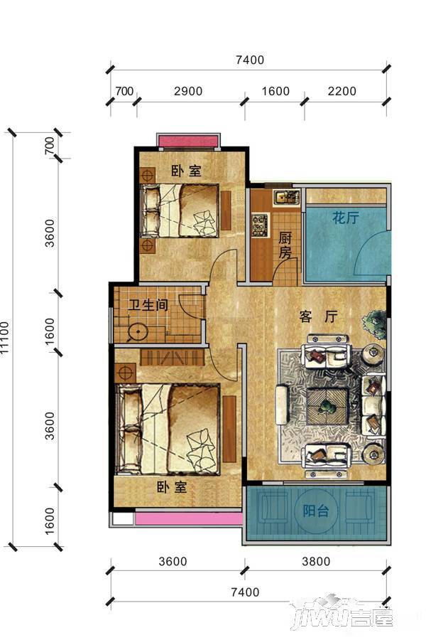 鑫海华庭2室2厅1卫80.1㎡户型图