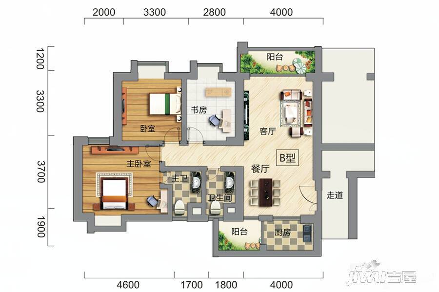 海口时代城3室2厅2卫113.3㎡户型图