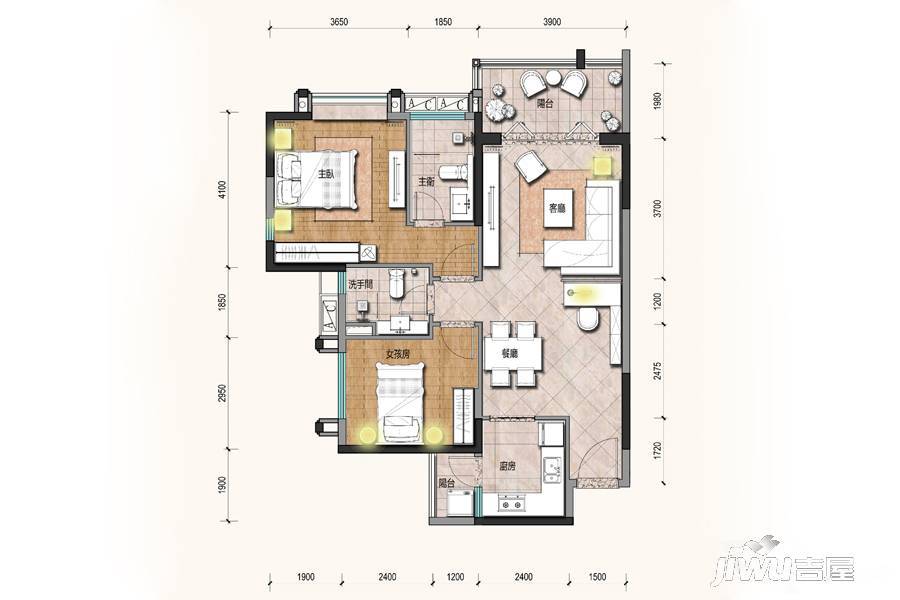 观澜湖中央公园区2室2厅2卫98㎡户型图