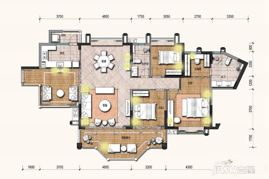 观澜湖中央公园区3室2厅2卫155㎡户型图