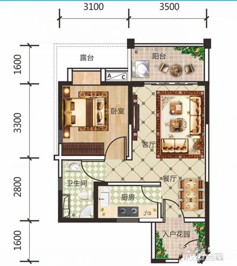 蓝海瑞园1室2厅1卫57㎡户型图