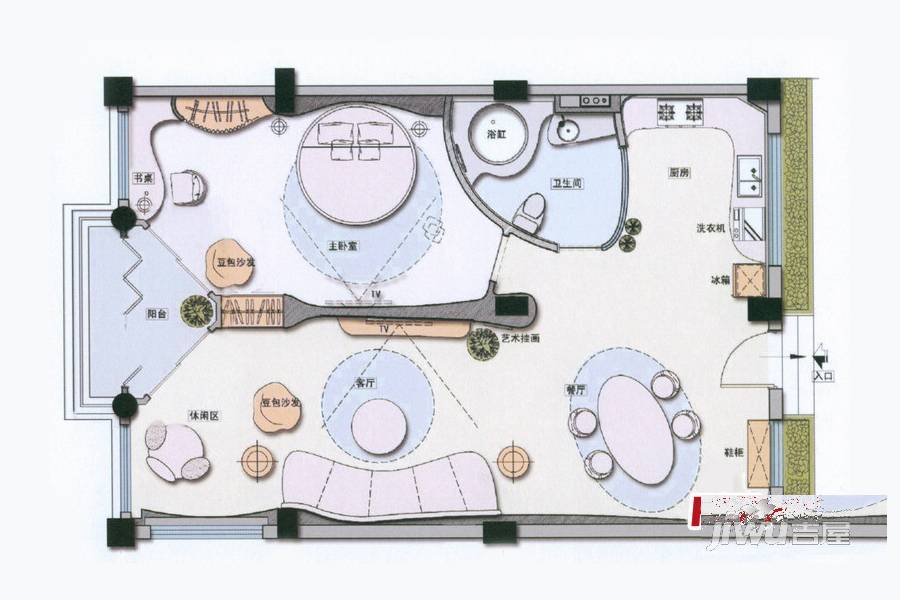 美视南草坪1室2厅1卫100.9㎡户型图