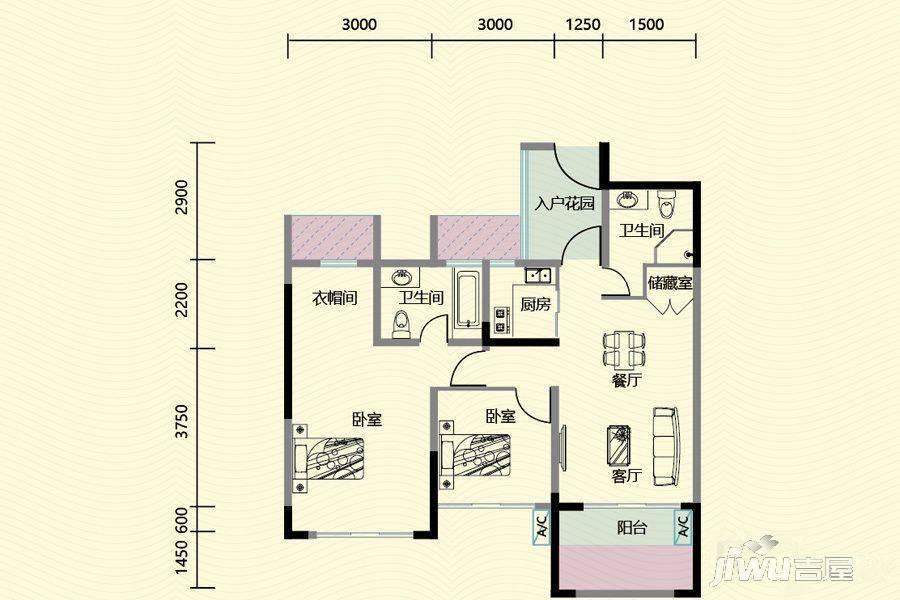 美安华府2室2厅2卫89.2㎡户型图