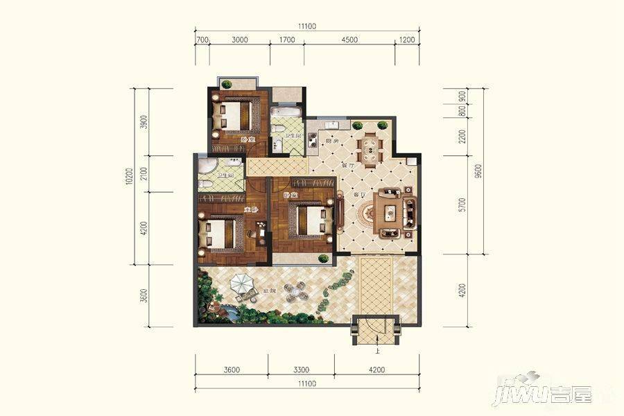 城投海一方3室2厅2卫107.1㎡户型图