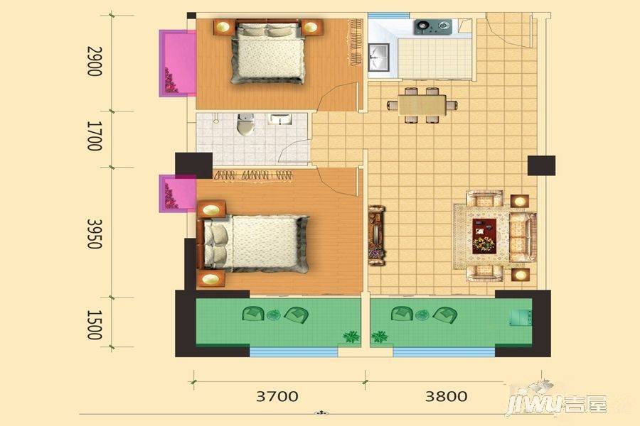 凤凰雅居2室2厅1卫92㎡户型图