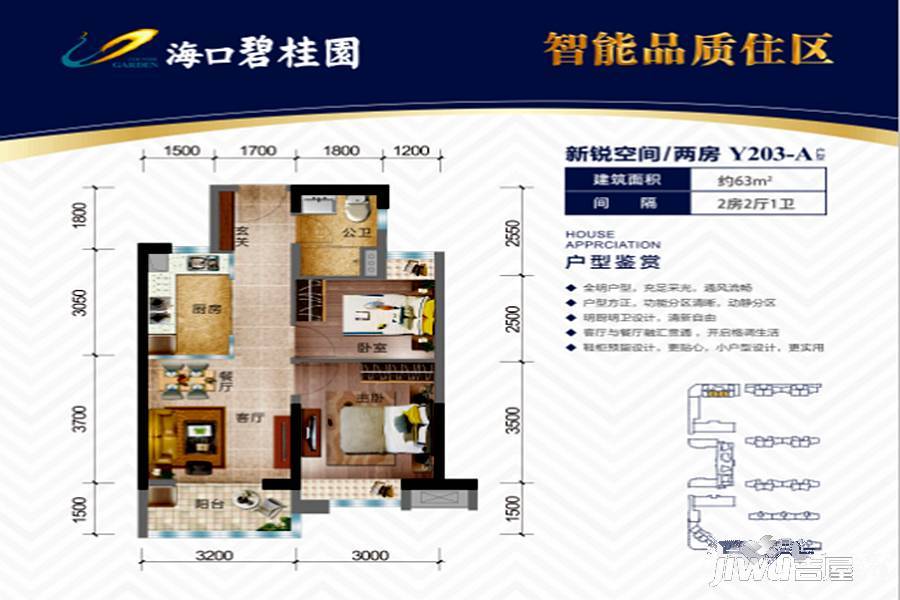 海口碧桂园2室2厅1卫63㎡户型图