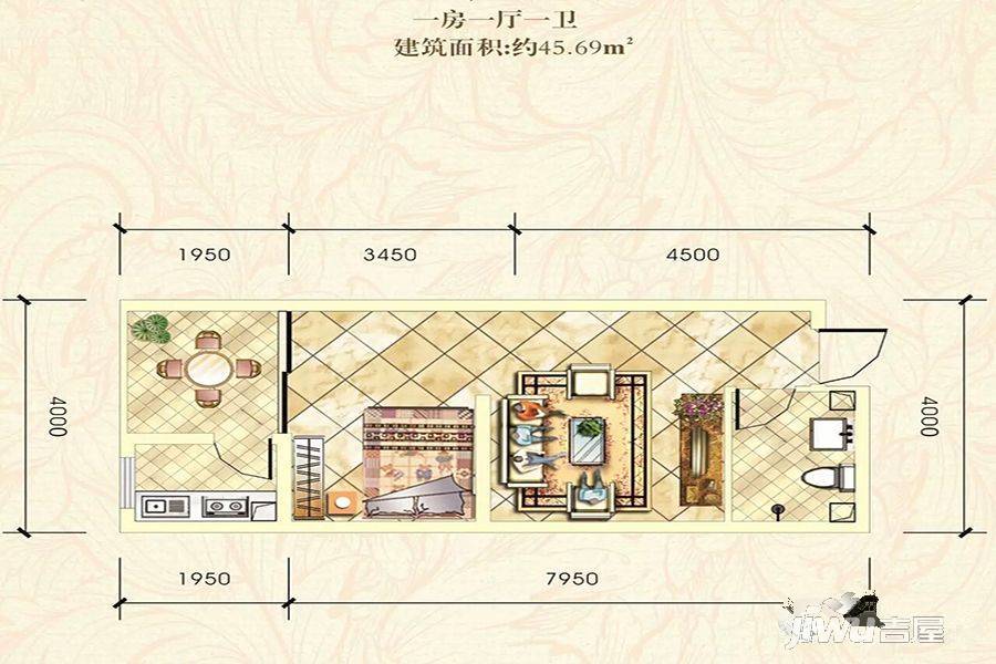 巨恒名都1室1厅1卫45.7㎡户型图