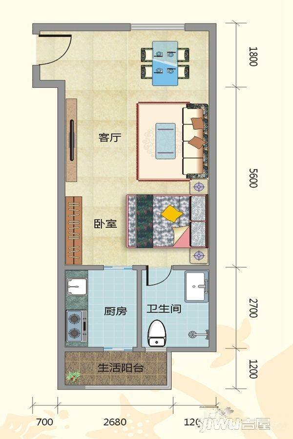 江东壹號1室1厅1卫51㎡户型图