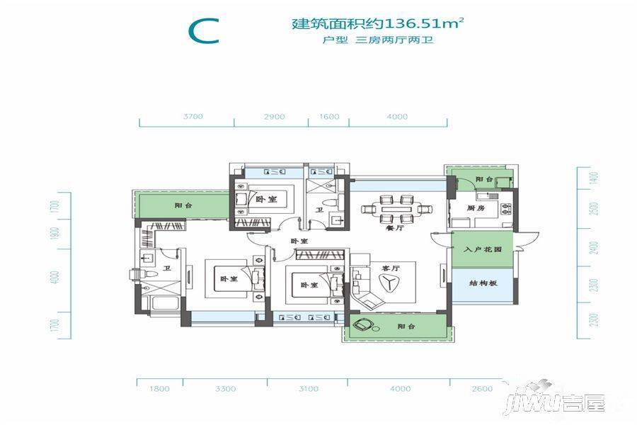 千江悦3室2厅2卫136.5㎡户型图