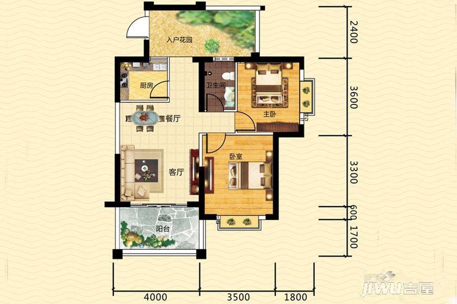 海口江东水岸2室2厅1卫84㎡户型图