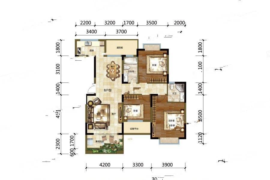 城投海一方3室2厅2卫122.2㎡户型图