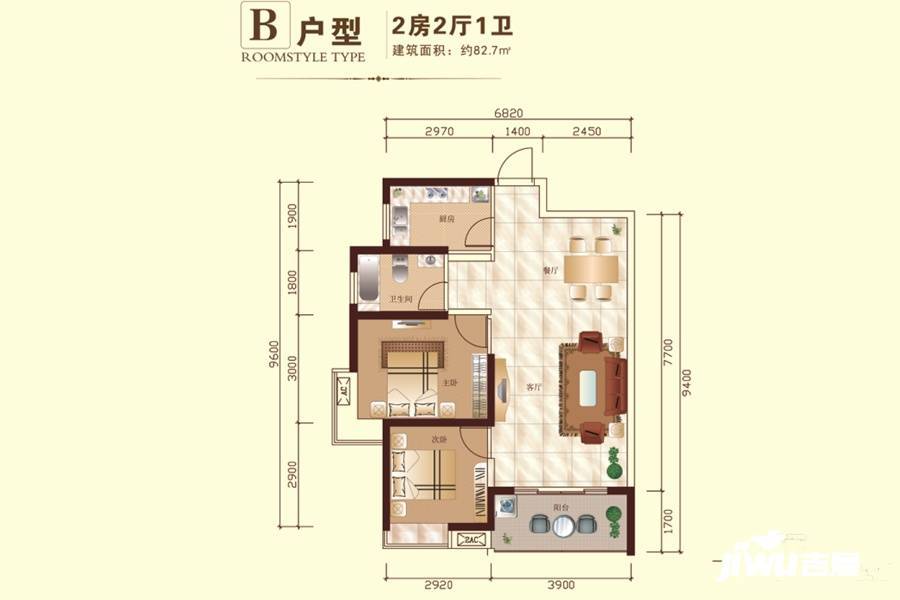 金地华府2室2厅1卫82.7㎡户型图