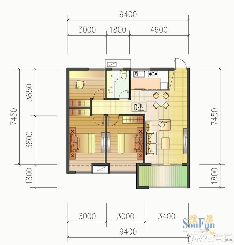 和信经典花园2室1厅1卫100㎡户型图