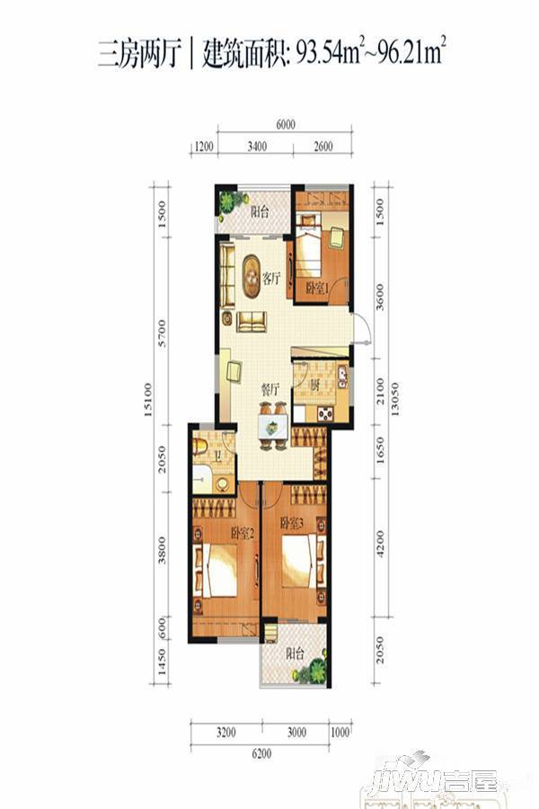 和信经典花园3室2厅1卫93.5㎡户型图