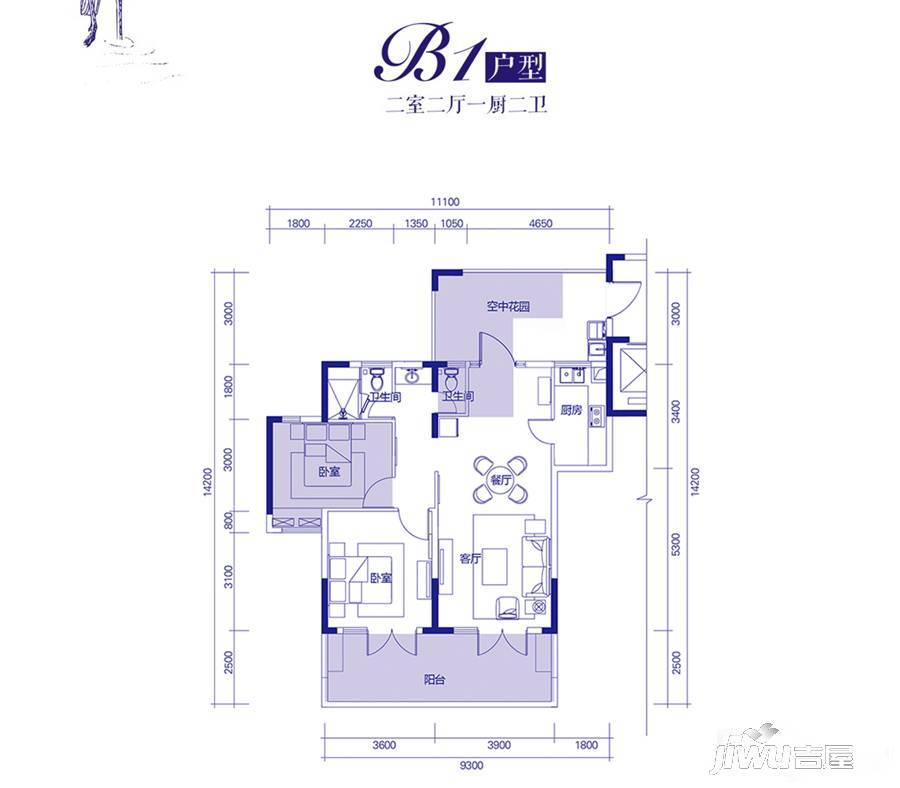 古盐田白鹭湾2室2厅2卫114㎡户型图