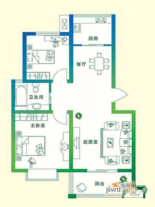 万豪绿城2室2厅1卫88㎡户型图