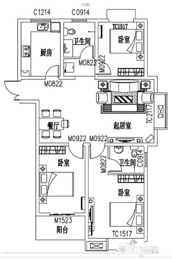 耀邦公馆3室2厅2卫125.3㎡户型图