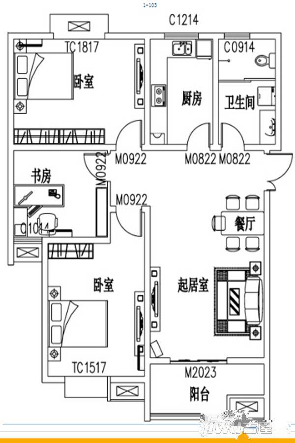 耀邦公馆3室2厅1卫125㎡户型图