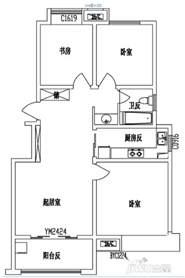 金御蓝湖3室2厅1卫105㎡户型图