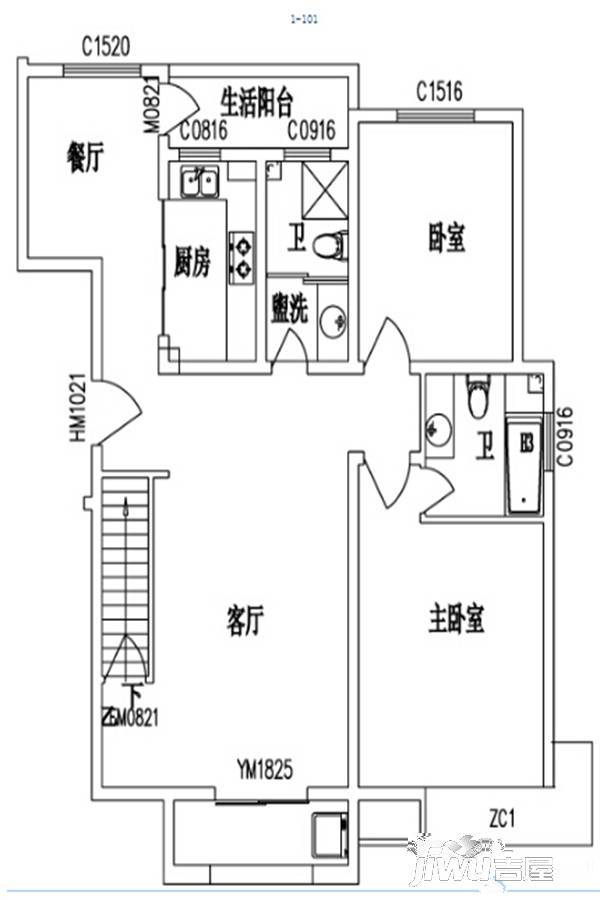 金御蓝湖2室2厅2卫113㎡户型图