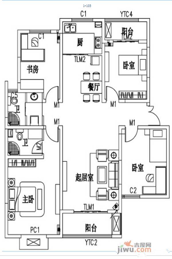 汇龙国际花园4室2厅2卫155.1㎡户型图